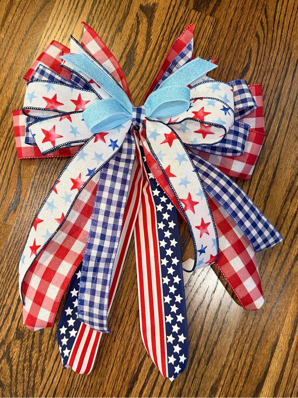 Patriotic Star & Gingham Ribbon Bow Accent - Red, White & Blue